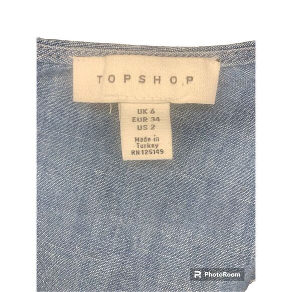 TopShop Women's Blue Logh Wash Chambray V-Neck Short-Sleeve A-Line Dress Size 2 - Picture 4 of 5